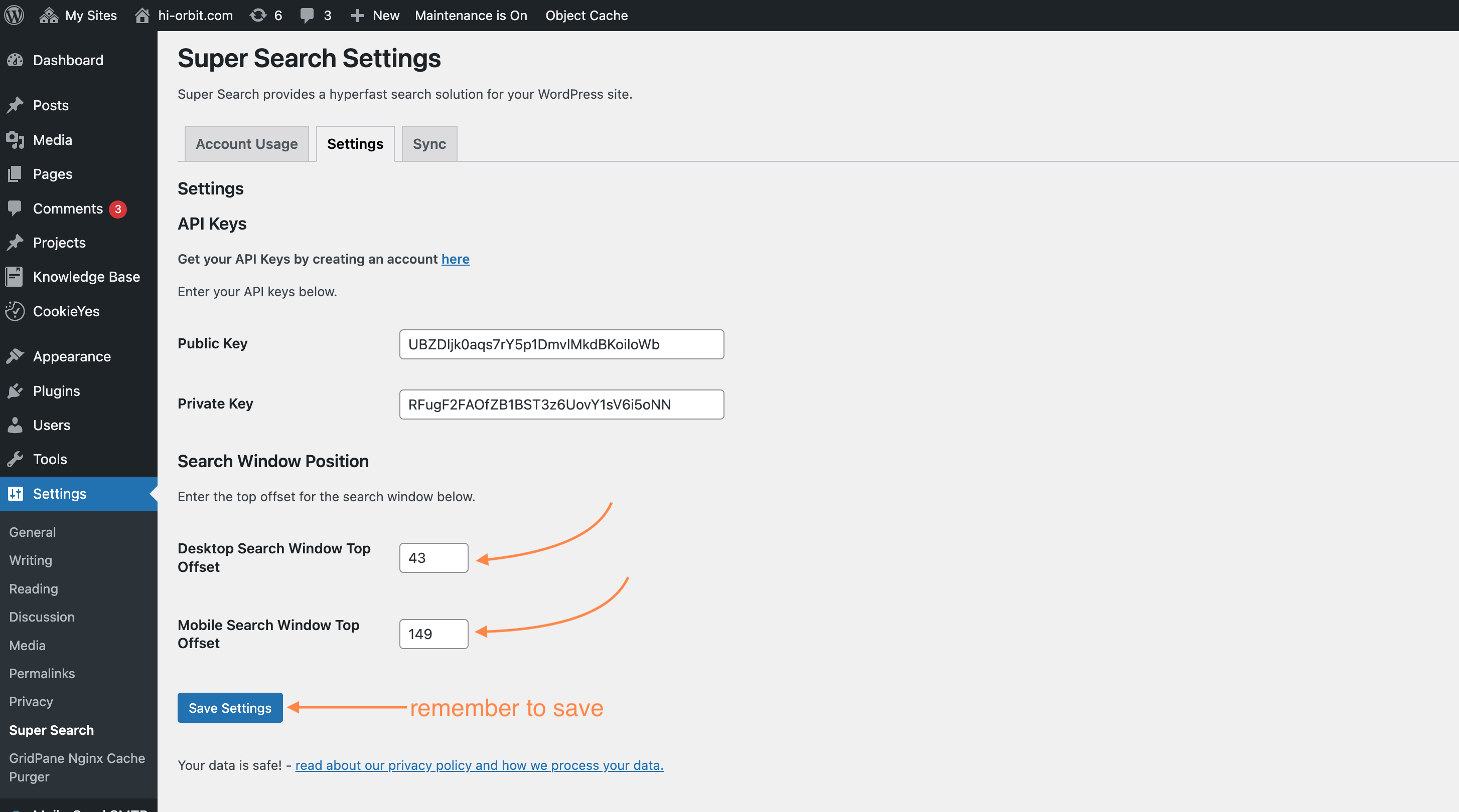 super search settings - set the search window offset